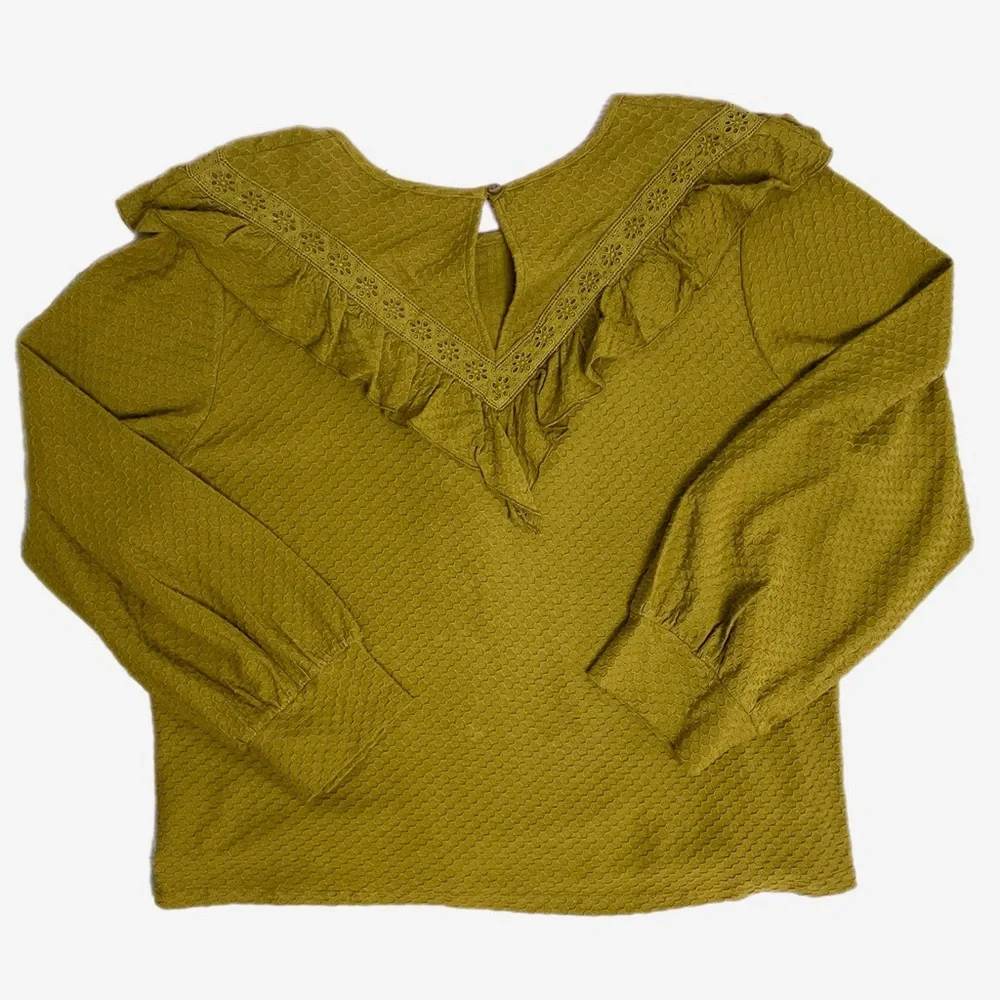 Jcrew NWT Olive green ruffle yoke honeycomb knit top prairecore boho western L